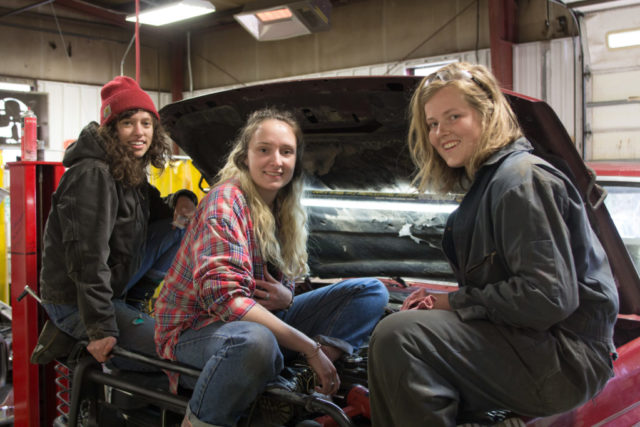 Warren Wilson College senior Savannah Livengood and sophomores Charlotte Surface and Corinna Steinrueck created an event to help women, transgender and non-binary campus community members gain basic car maintenance and repair skills.