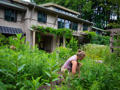 A student works in the gardens outside ecodorm.